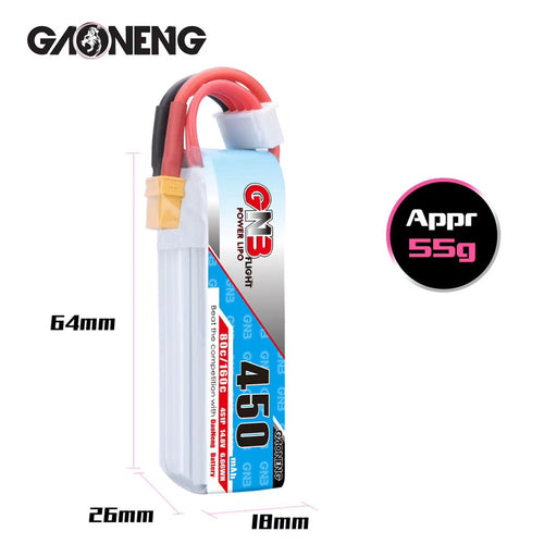 Gaoneng GNB 11.1V 450mAh 80/160C 3S Lipo Battery XT30 Plug for FPV Racing Drone